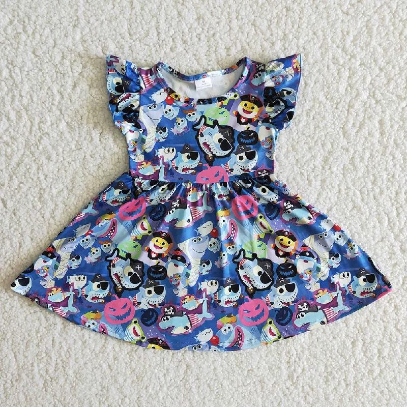 B14-12 Blue Shark Cartoon Print Girls Short Sleeve Dresses