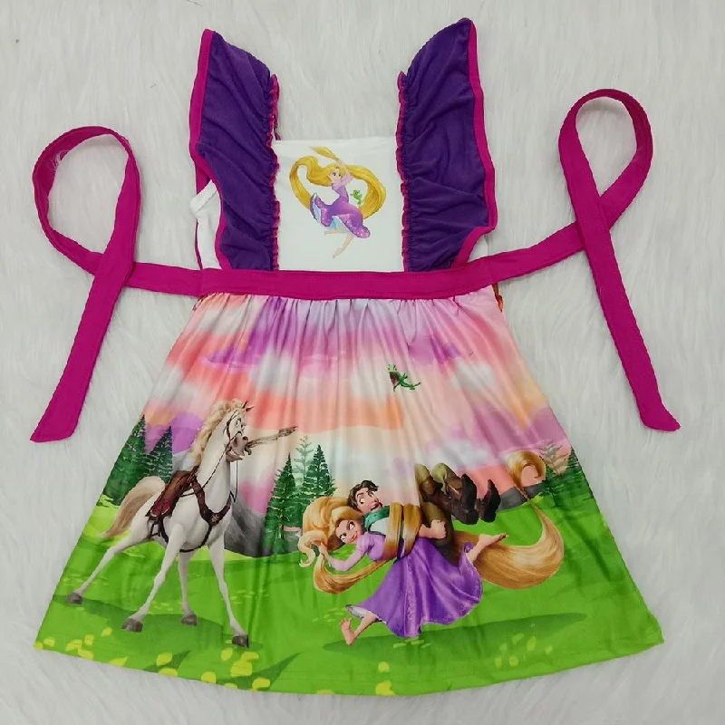 Clearance E5-28 Pink Purple Princess Belt Girl Short SLeeve Dresses