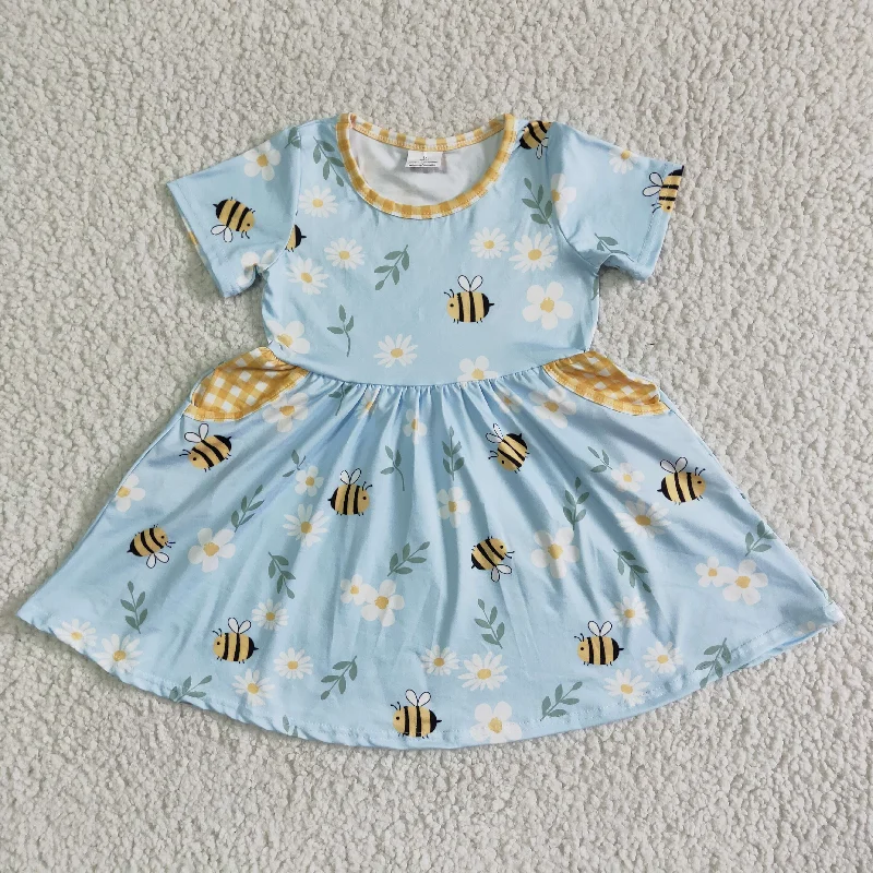 GSD0021 Bee Floral Blue Yellow Print Girls Short Sleeve Dresses