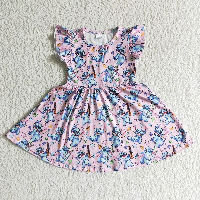 Clearance GSD0012 Pink Blue Cartoon Girls Flutter Sleeve Dresses