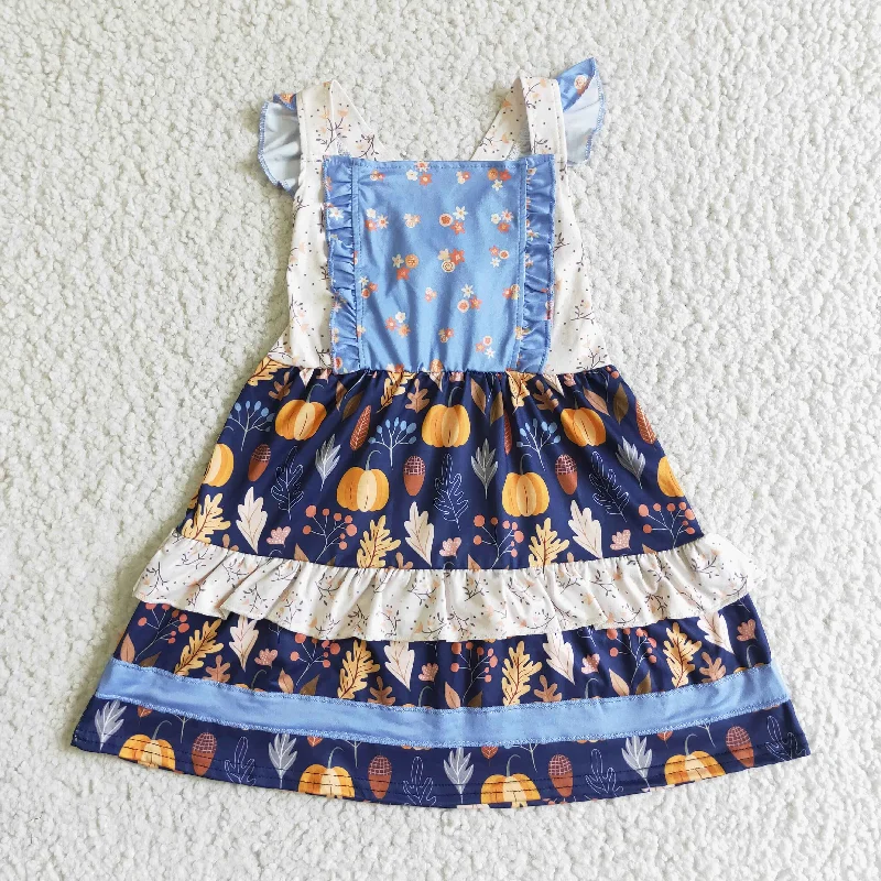 GSD0123 Halloween Pumpkin Floral Blue Patchwork Girls Short Sleeve Dresses