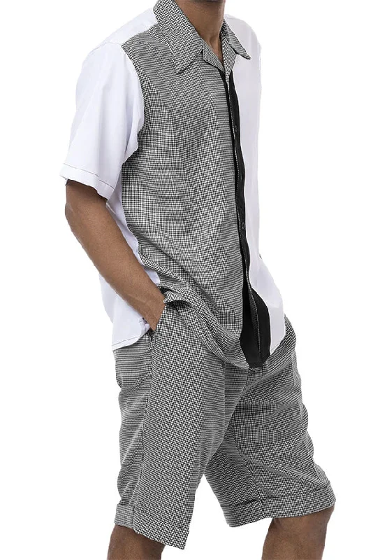 Black Houndstooth 2 Piece Short Sleeve Walking Suit Set with Shorts