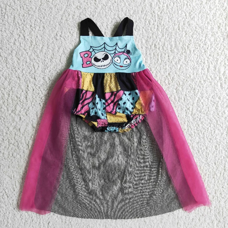 SR0084  Halloween Blue Pink Cartoon Tulle Tutu Skirt Girls Short Sleeve Dresses Bummies