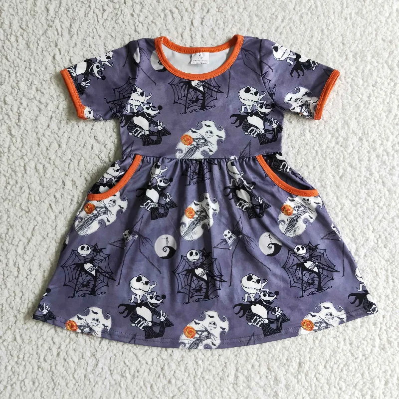 GSD0149 Halloween Pumpkin Orange Ghost Cartoon Pockets Girls Short Sleeve Dresses