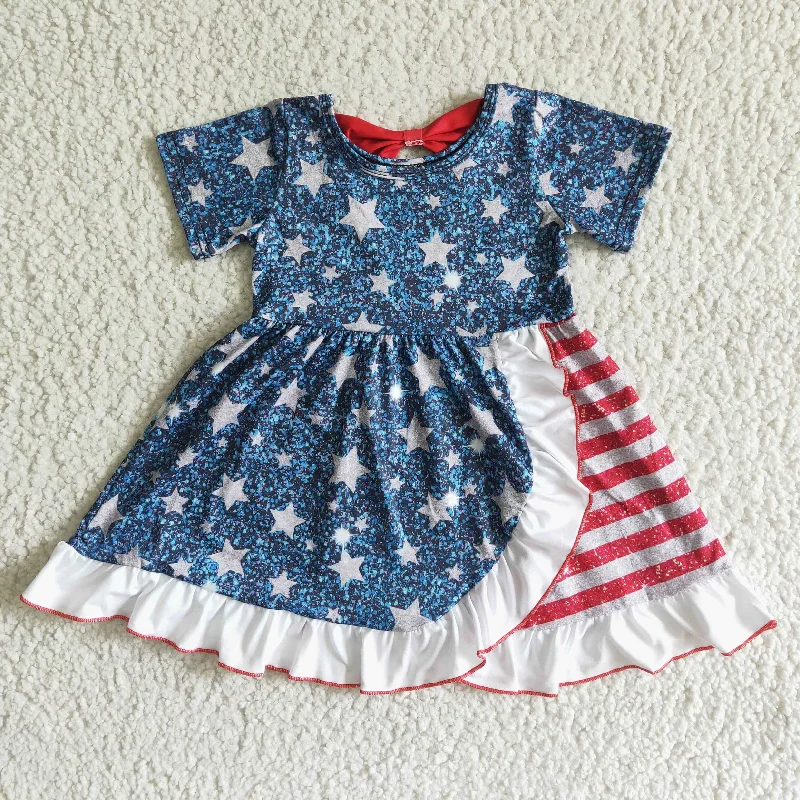 GSD0033 4th Of July Blue Starts Red Stripes Girls Short Sleeve Dresses