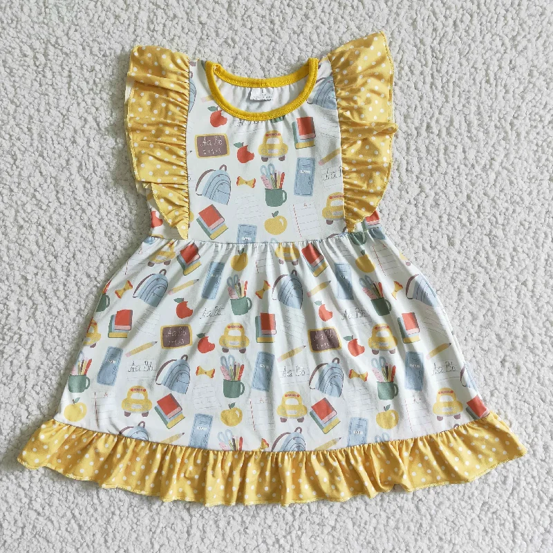 GSD0061 Back To School Yellow Girls Flutter Sleeve Dresses