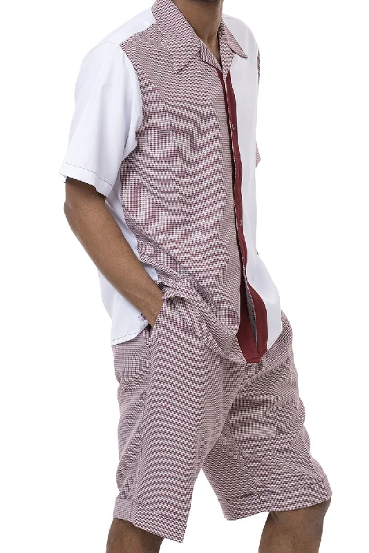 Burgundy Houndstooth 2 Piece Short Sleeve Walking Suit Set with Shorts