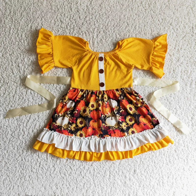 GSD0144 Halloween Pumpkin Orange Yellow Sunflower Belt Girls Short Sleeve Dresses