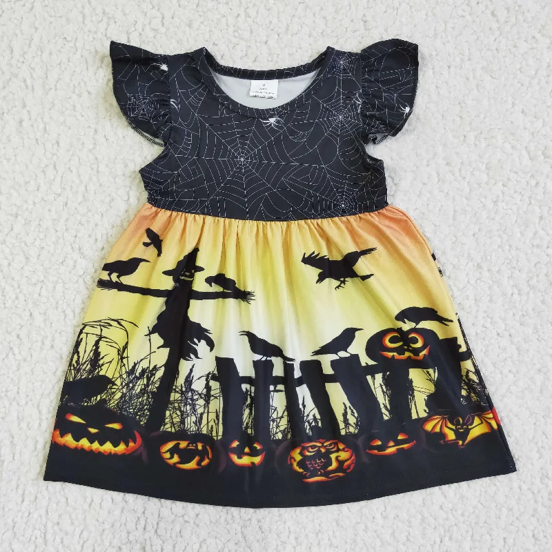 GSD0118 Halloween Pumpkin Black Yellow Bat Girls Short Sleeve Dresses