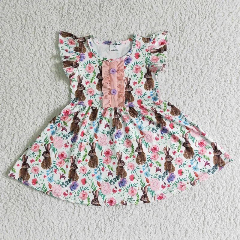 Clearance B11-30 Easter Rabbits Pink Floral Girls Flutter Sleeve Dresses