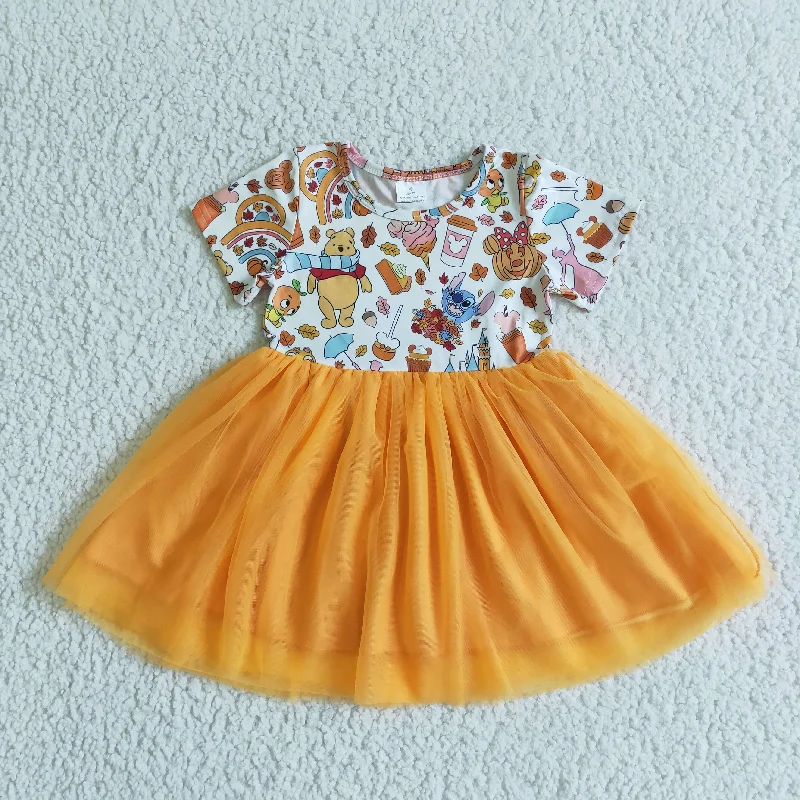 GSD0135 Halloween Pumpkin Yellow Orange Cartoon Tulle Tutu Girls Short Sleeve Dresses