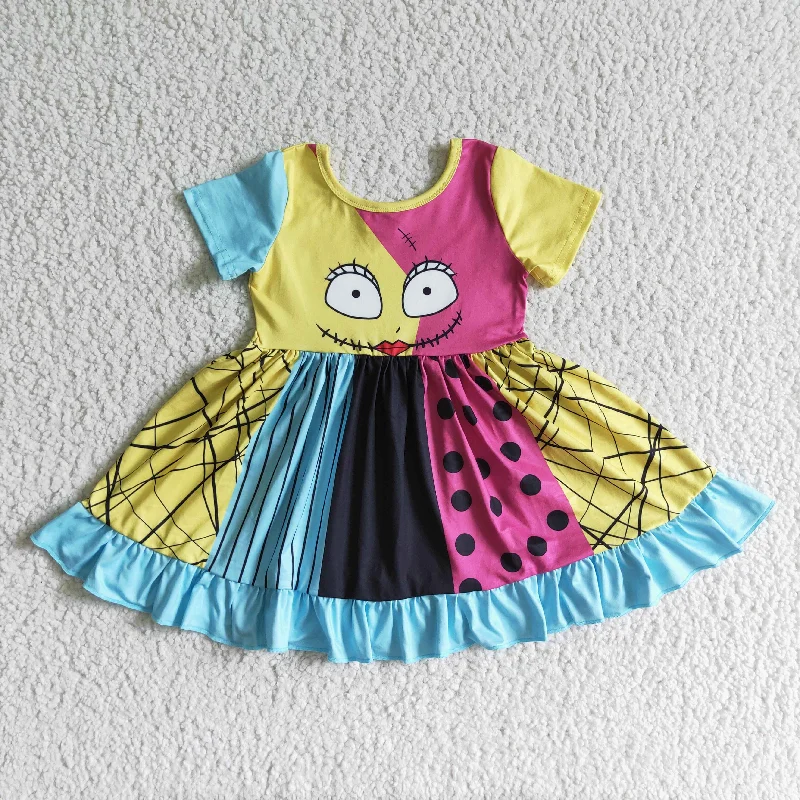 GSD0130 Halloween Cartoon Yellow Blue Girls Short Sleeve Dresses