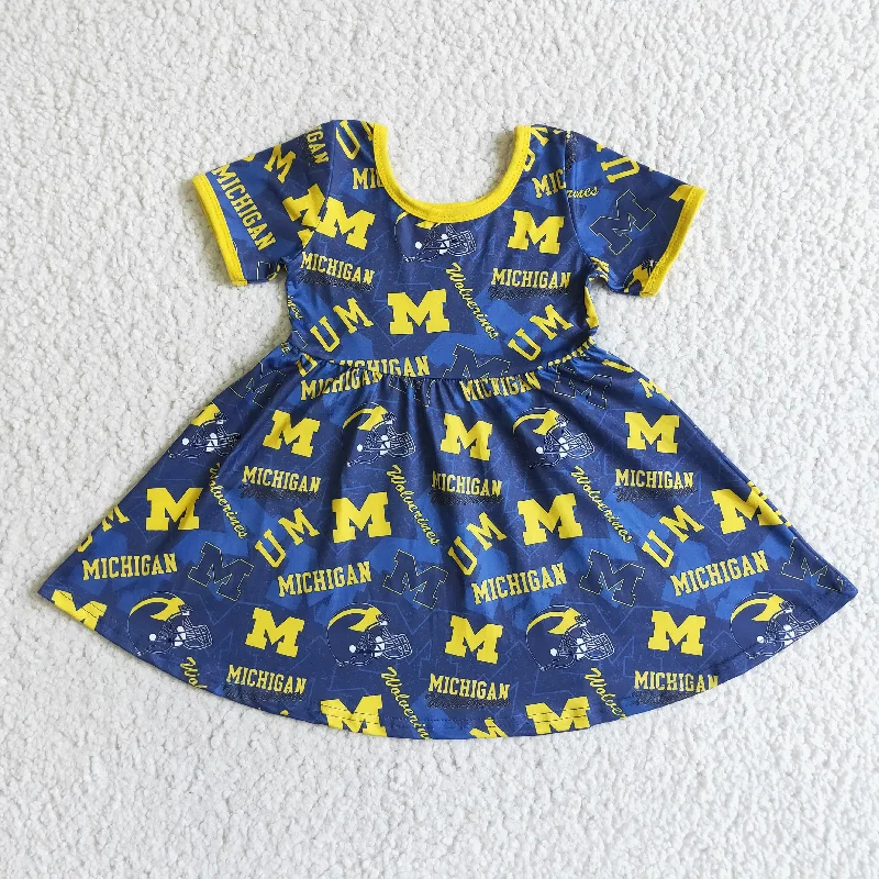 GSD0121 Blue Yellow Team Football Girls Short Sleeve Dresses