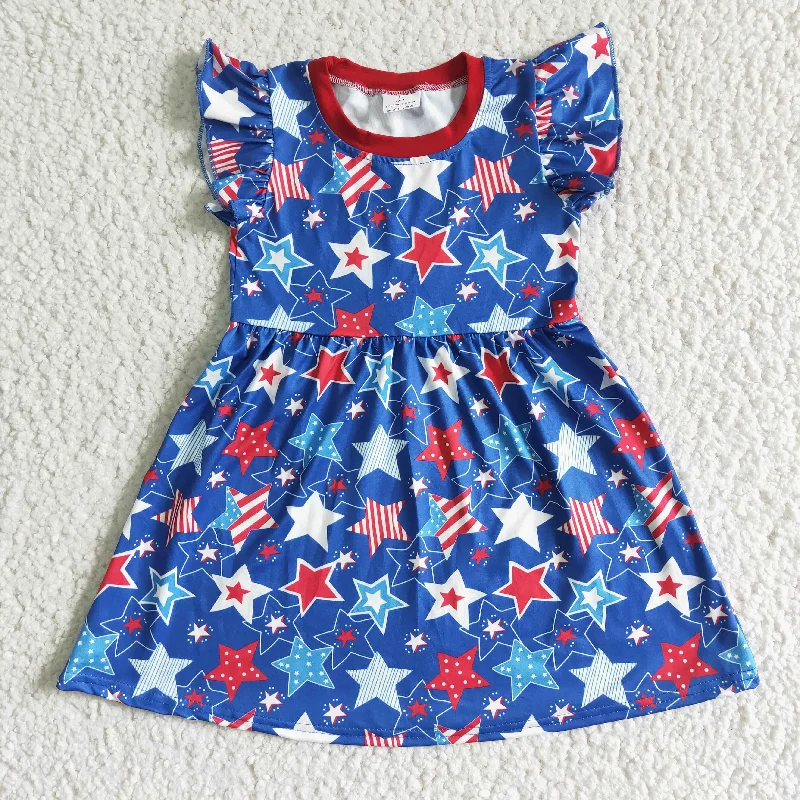 C11-9 4th Of July Blue Red Stars Flag Girls Flutter Sleeve Dresses