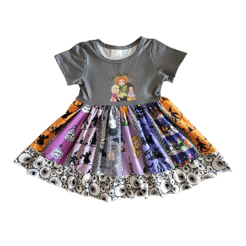 C1-24 Halloween Witch Cartoon Patchwork Girls Short Sleeve Dresses