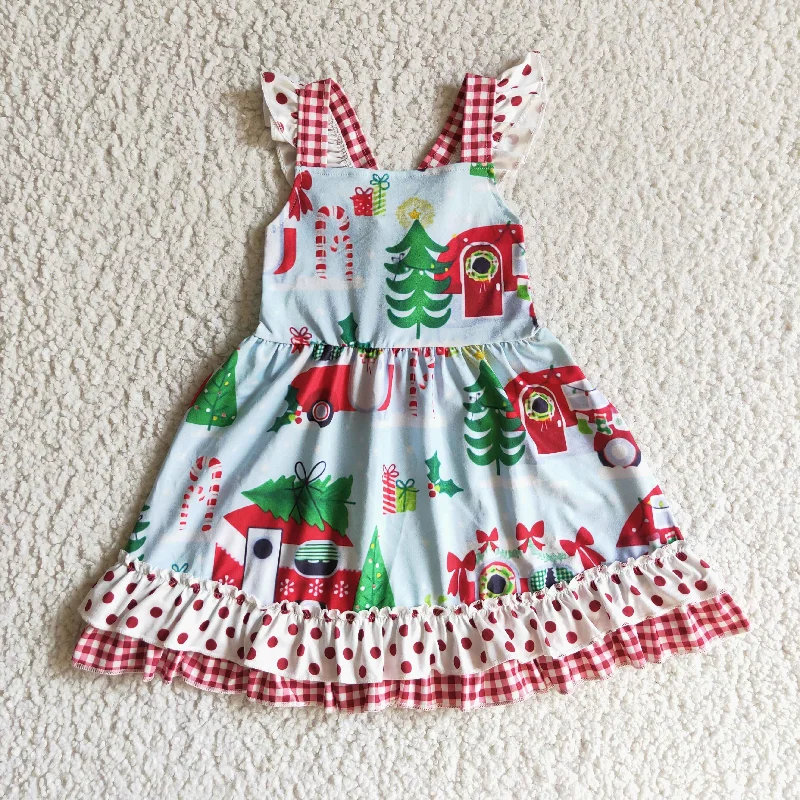 GSD0145 Christmas Red Green Tree Ruffles Girls Short Sleeve Dresses