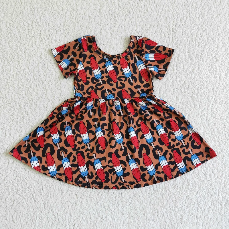 GSD0063 4th Of July Red Blue Ice Leopard Girls Short Sleeve Dresses