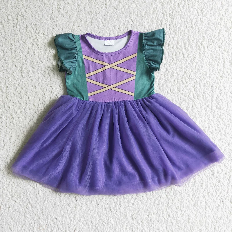 GSD0129 Green Purple Tulle Tutu Girls Short Sleeve Dresses