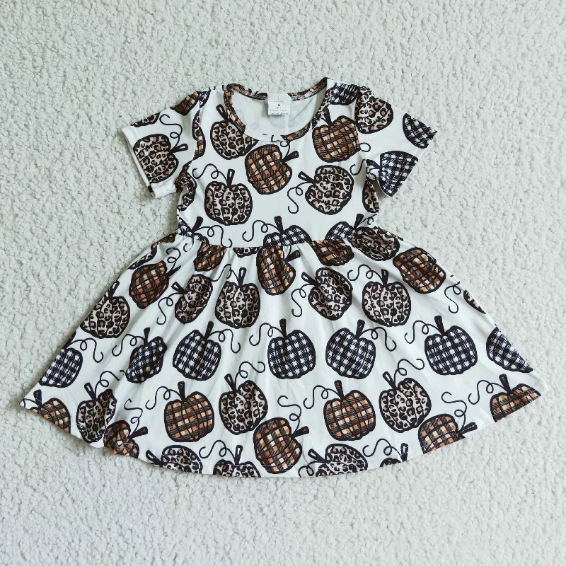 E4-30 Halloween Leopard Pumpkin Print Girls Short SLeeve Dresses