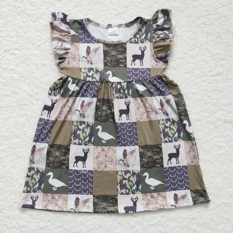 GSD0152 Christmas Green Plaid Deer Duck Camo  Girls Short Sleeve Dresses