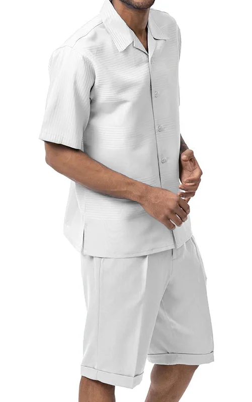 (XL) White Tone on Tone 2 Piece Short Sleeve Walking Suit Set with Shorts