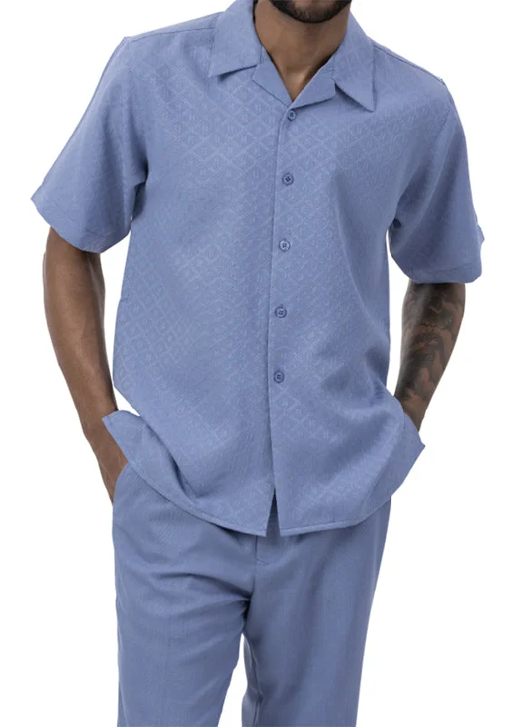 Powder Blue Diamond Tone on Tone 2 Piece Walking Suit Summer Short Sleeves