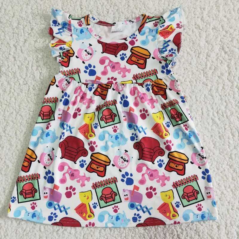 Clearance E5-3 Blue Pink Dog Cartoon Girls Short Sleeve Dresses