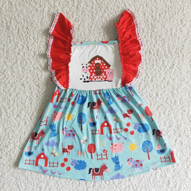 Clearance A15-4 Farm Cow Pig Red Blue Girls Flutter Sleeve Dresses