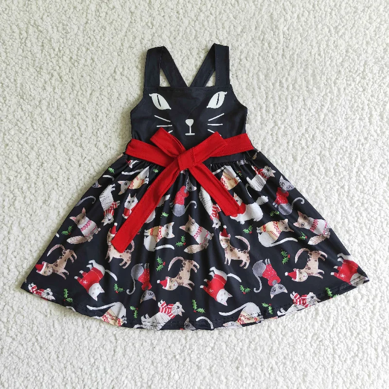 GSD0140 Christmas Red Black Cat Cartoon Girls Short Sleeve Dresses