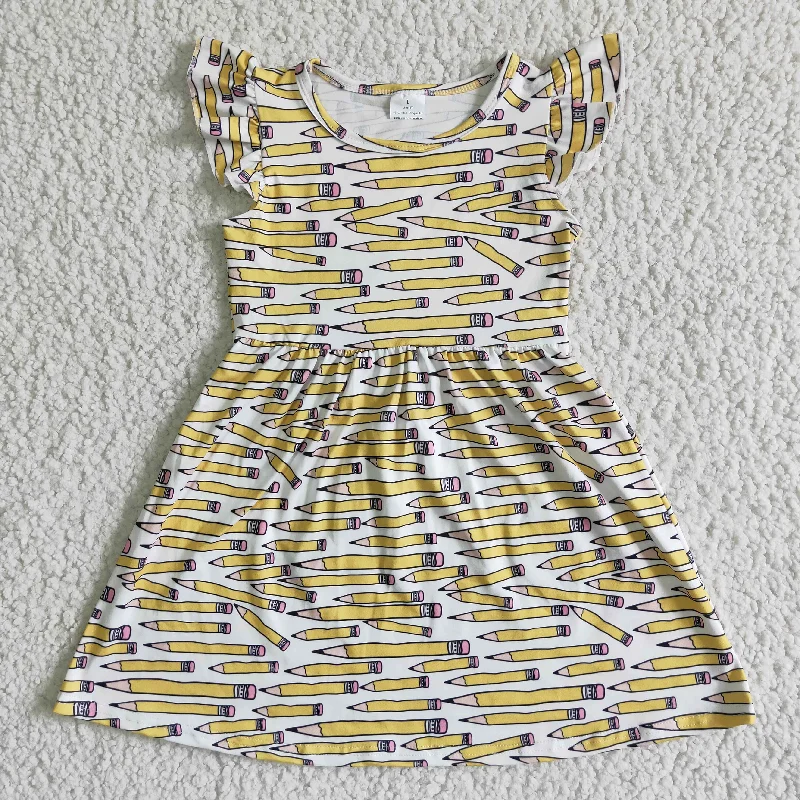 BC0001 Back To School Yellow Pencil Girls Flutter Sleeve Dresses