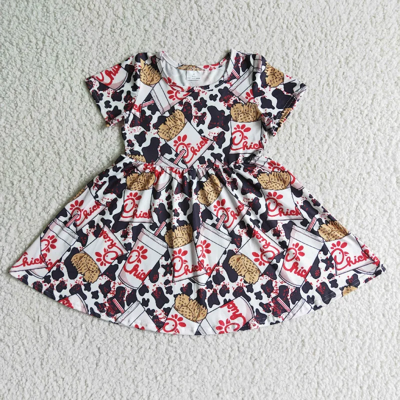 GSD0093 Red Black Chicken Cow Print Girls Short Sleeve Dresses