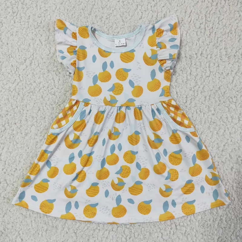 GSD0074 Yellow Orange Lemon Fruits Pockets Girls Flutter Sleeve Dresses