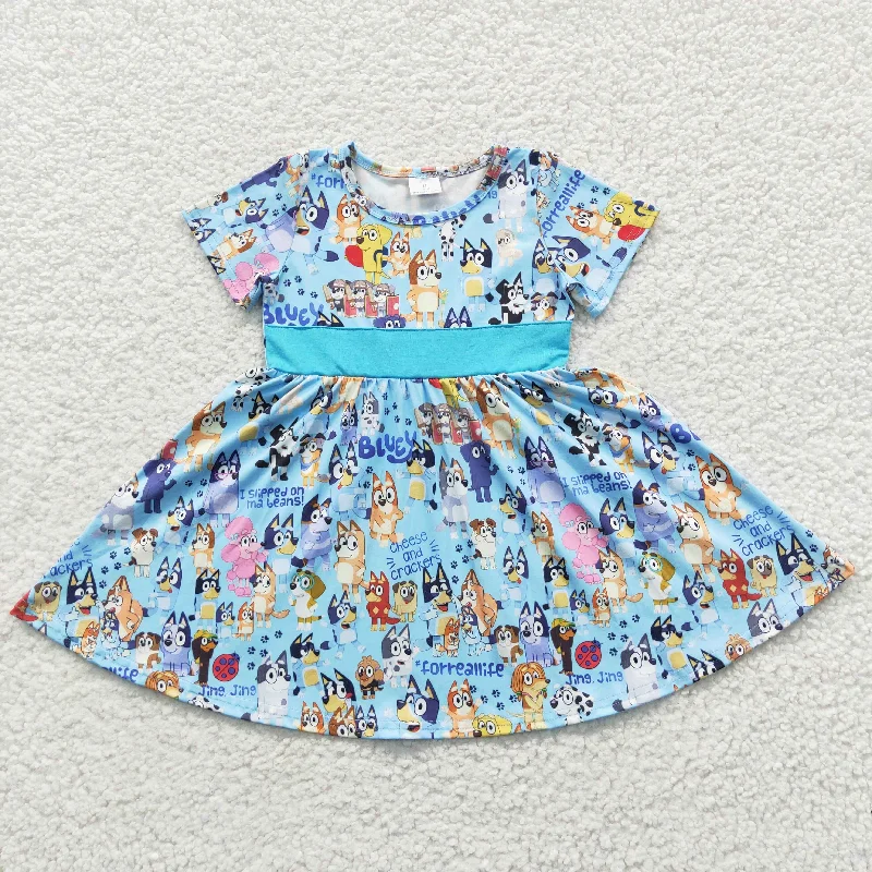 B7-4 Blue Dog Cartoon Girls Short Sleeve Dresses