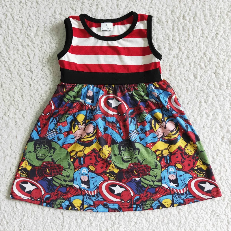 Clearance A16-5 Red Stripes Hero Cartoon Girls Sleeveless Dresses