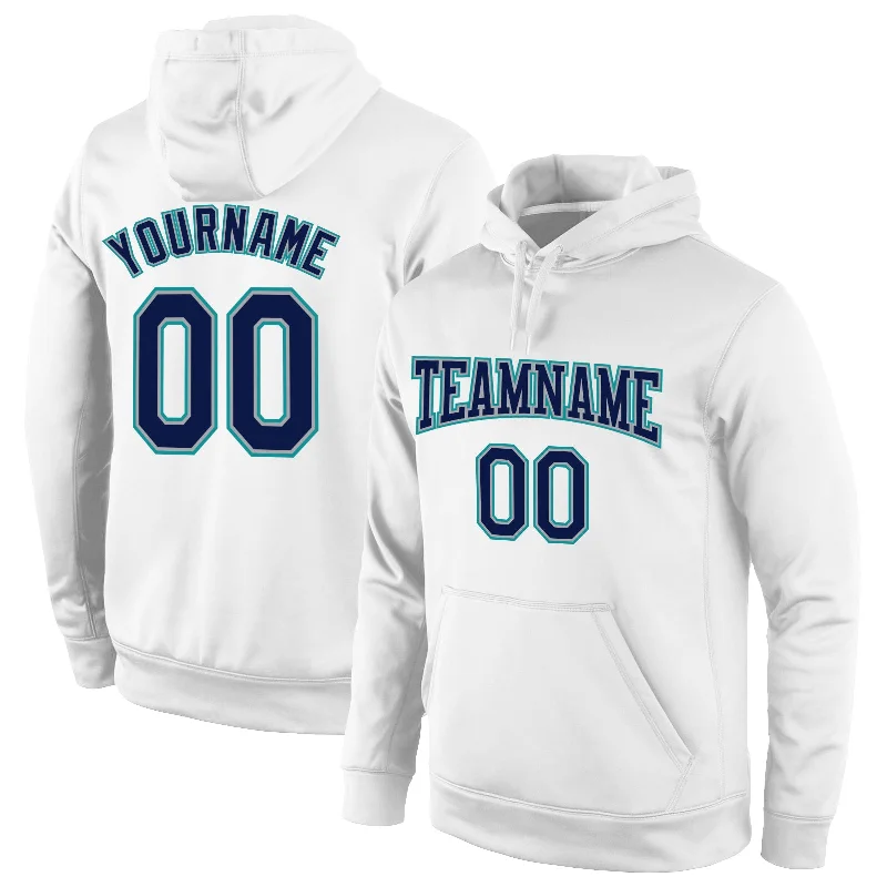 Custom Stitched White Navy-Aqua Sports Pullover Sweatshirt Hoodie