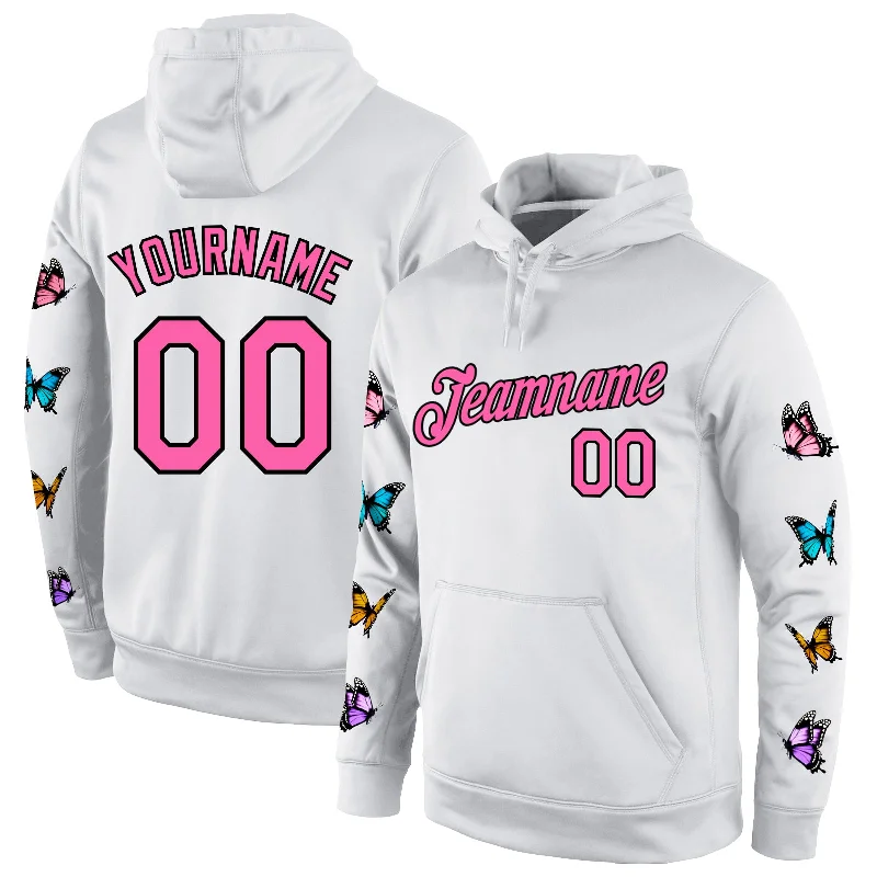 Custom Stitched White Pink-Black 3D Pattern Design Pastel Butterfly Sports Pullover Sweatshirt Hoodie