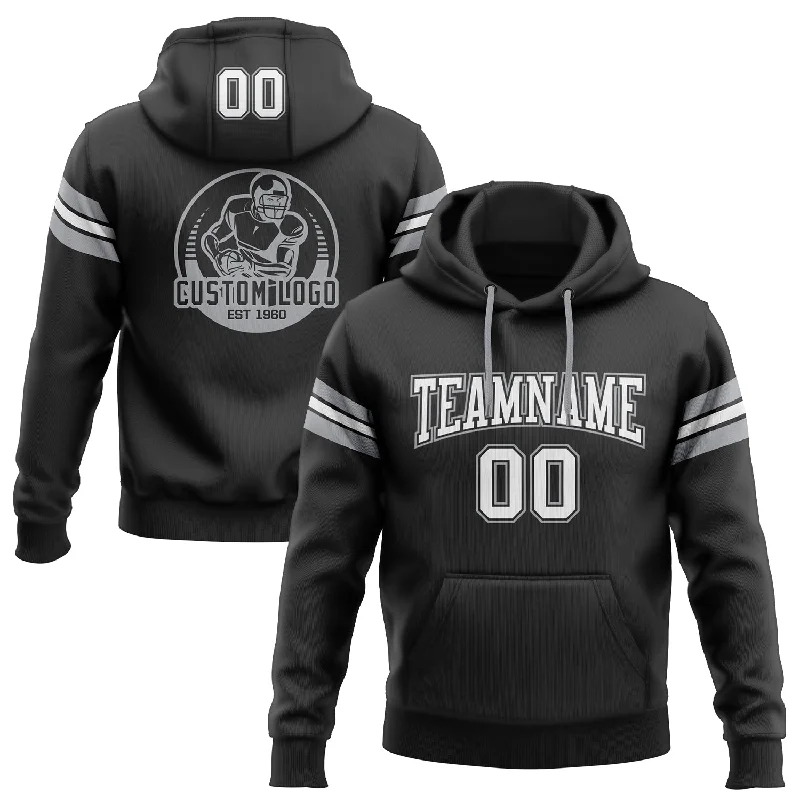 Custom Stitched Black White-Gray Football Pullover Sweatshirt Hoodie