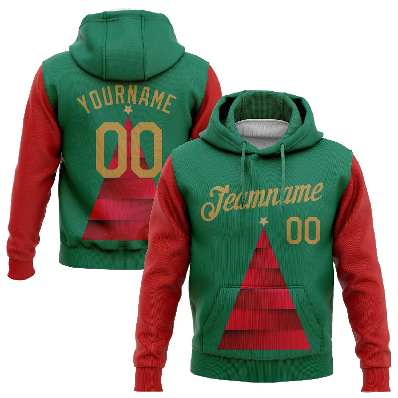 Custom Stitched Kelly Green Old Gold-Red 3D Christmas Tree Sports Pullover Sweatshirt Hoodie