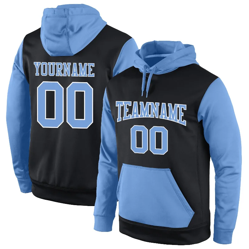 Custom Stitched Black Light Blue-White Sports Pullover Sweatshirt Hoodie