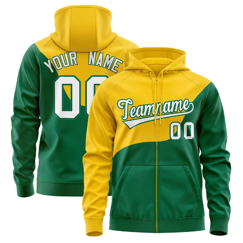 Custom Gold Kelly Green Color Block Varsity Full-Zip Letterman Wave Hoodie Jacket