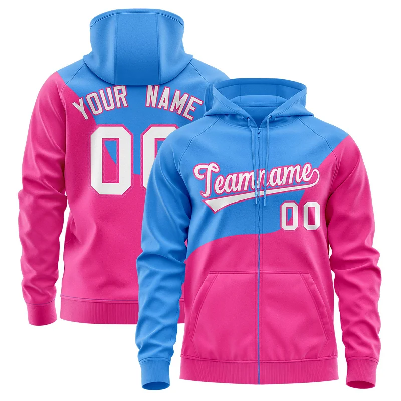 Custom Powder Blue Pink Color Block Varsity Full-Zip Letterman Wave Hoodie Jacket