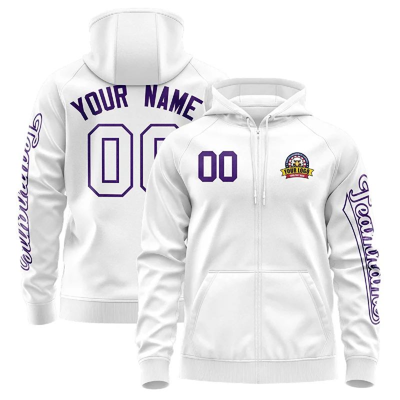 Custom White Purple Varsity Full-Zip Letterman Classic Hoodie Jacket