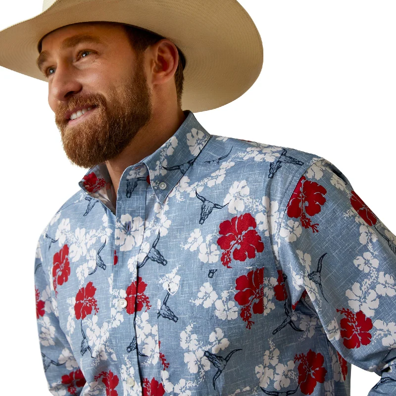 ARIAT MENS ALOHA BLUE & RED FLORAL LONG SLEEVE SHIRT