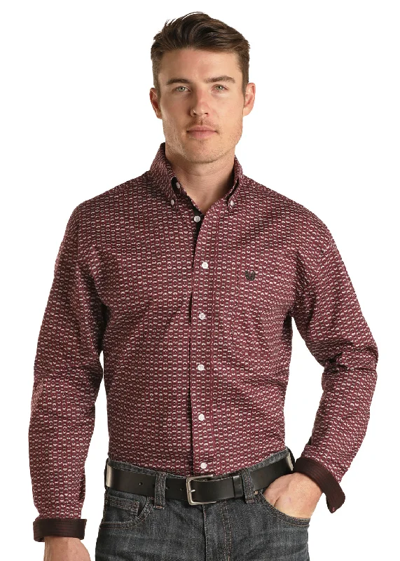 PANHANDLE BURGUNDY GEO PRINT LONG SLEEVE SHIRT