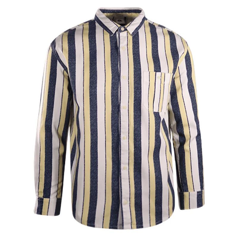 Quiksilver Men's Navy Yellow White Vertical Striped L/S Woven Shirt (S17)