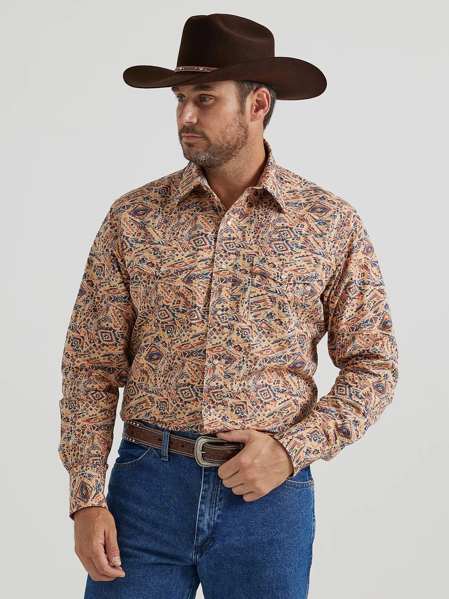 WRANGLER CHECOTAH FIESTA ORANGE LONG SLEEVE SNAP SHIRT