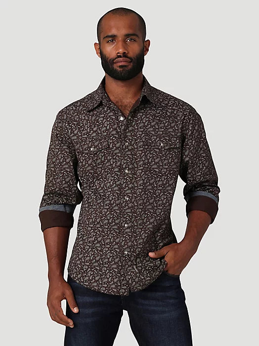 WRANGLER RETRO PREMIUM BROWN PAISLEY SNAP PRINT SHIRT