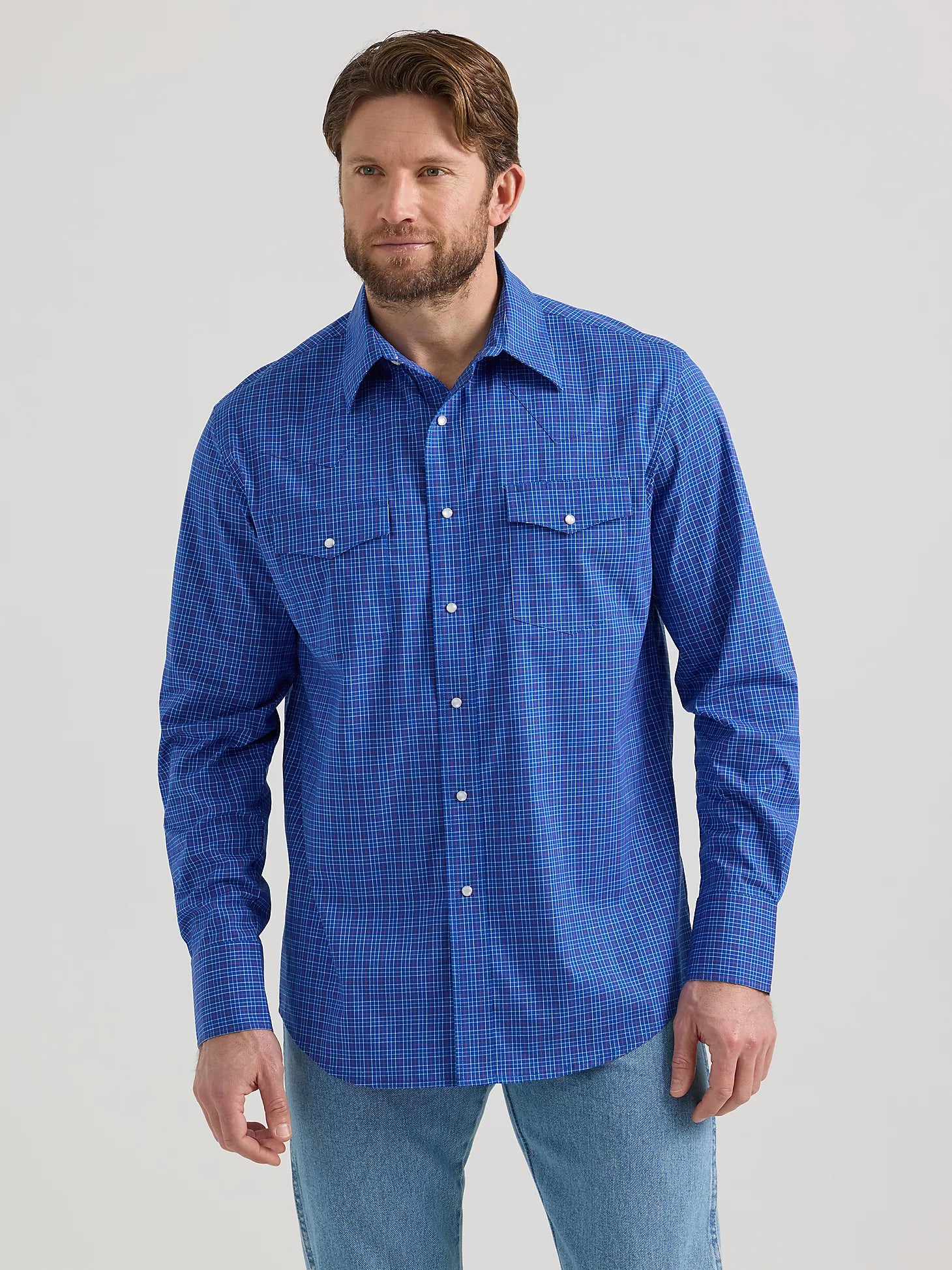 Wrangler Wrinkle Resist Lapis Long Sleeve Western Snap Plaid Shirt