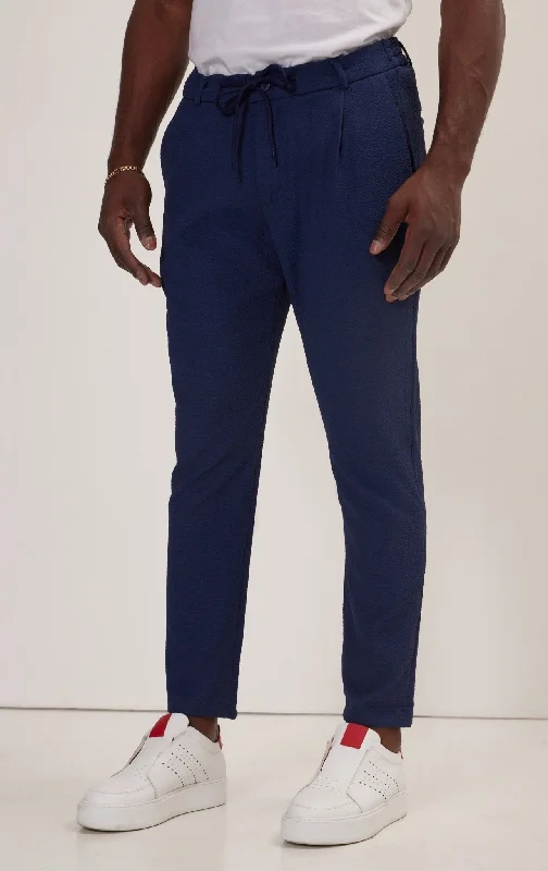 Front Pleated Waffle Pants - Navy