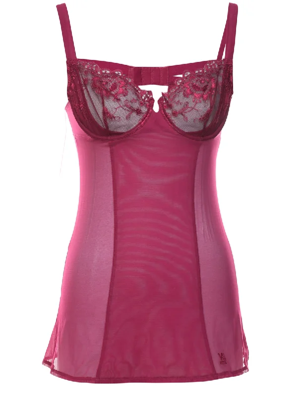 Dark Pink Sheer & Lace Fitted Babydoll - M